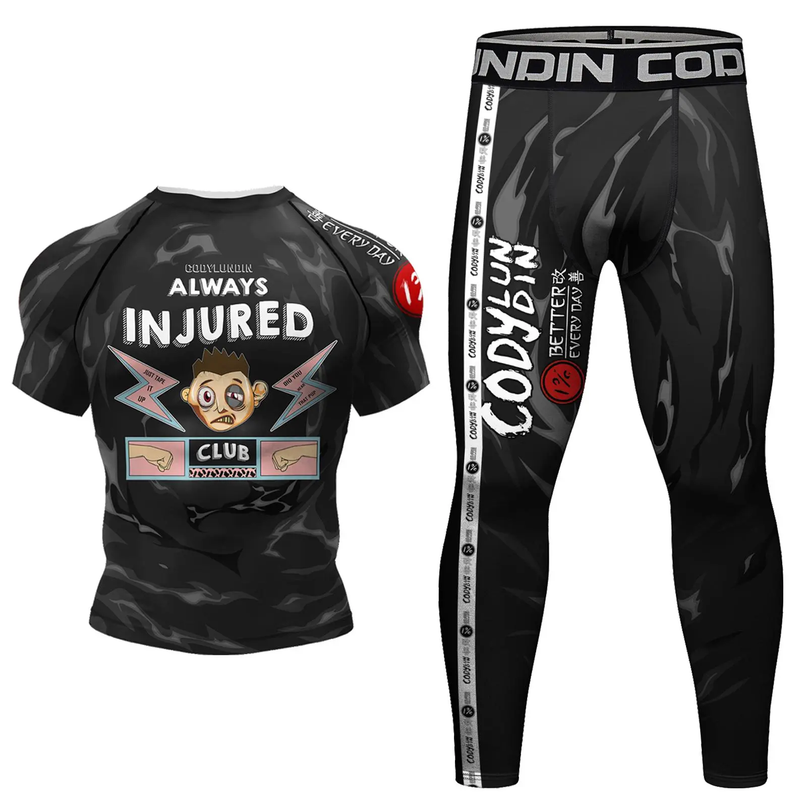 Men's 4-Piece MMA Boxing Activewear Shorts Set - Sublimated Print Rashguard Tops, Spats, Polyester Spandex Athletic Clothes Set for BJJ, Lightweight Gymwear with Premium Look Sportswear
