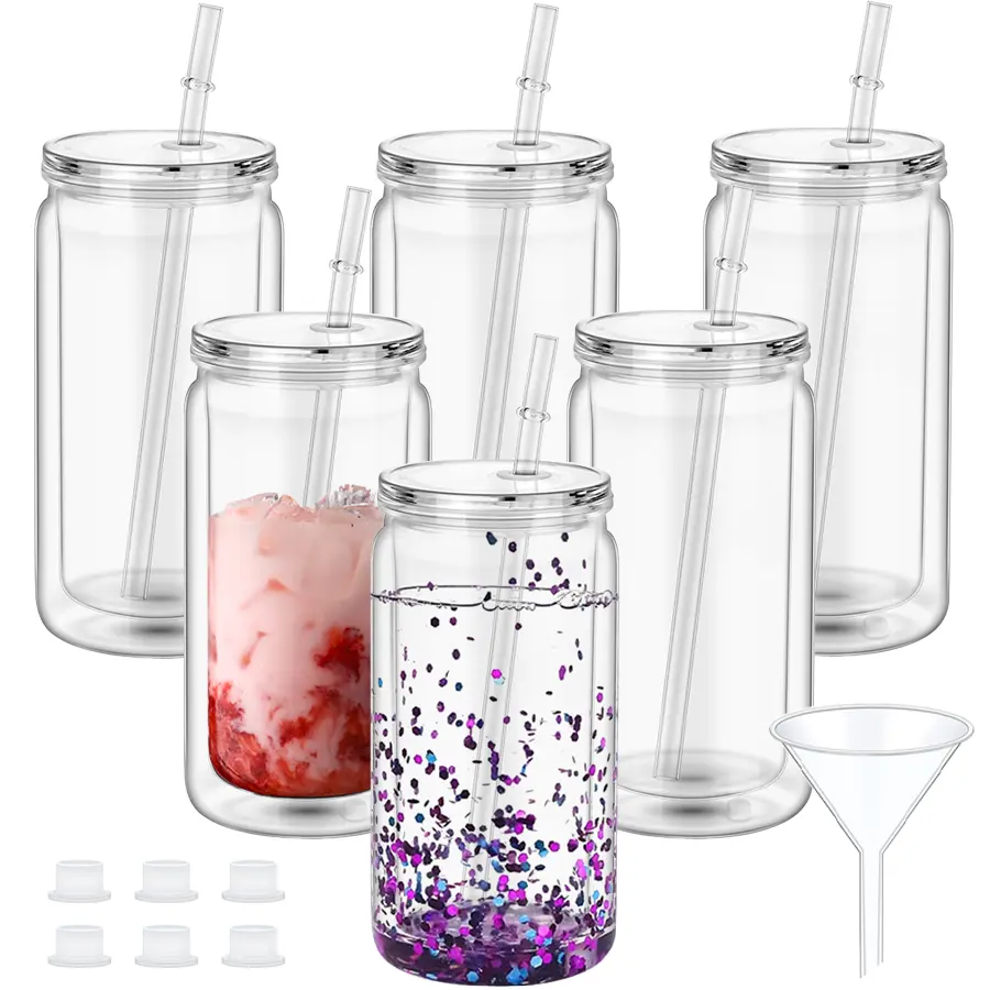 HILAKE 6pcs 16oz Plastic Sport Cups, Snow Globe Tumbler, Outdoor cups,Pre-Drilled Double Wall Tumblers with Clear Lid and Straw, Cup matching funnel and stopper, Snow Globe Cups Plastic Mason Jar Mug for Snow Globe Glitter DIY Gift (Clear Lid, bamboo lid)