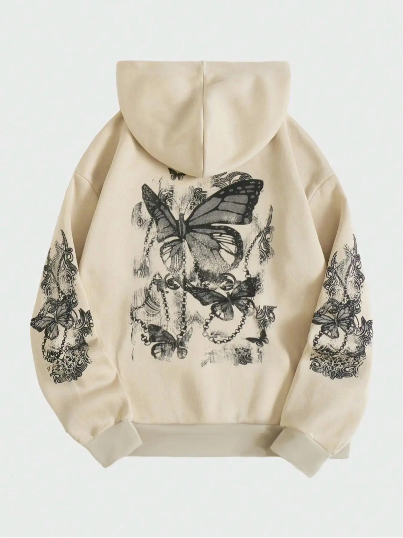 Men's Butterfly & Chain Print Drop Shoulder Long Sleeve Hoodie, Fashion Casual Regular Fit Drawstring Pocket Hooded Sweatshirt for Daily Holiday Outdoor Wear, Comfort Men Clothes for Fall, Graphic Hoodies