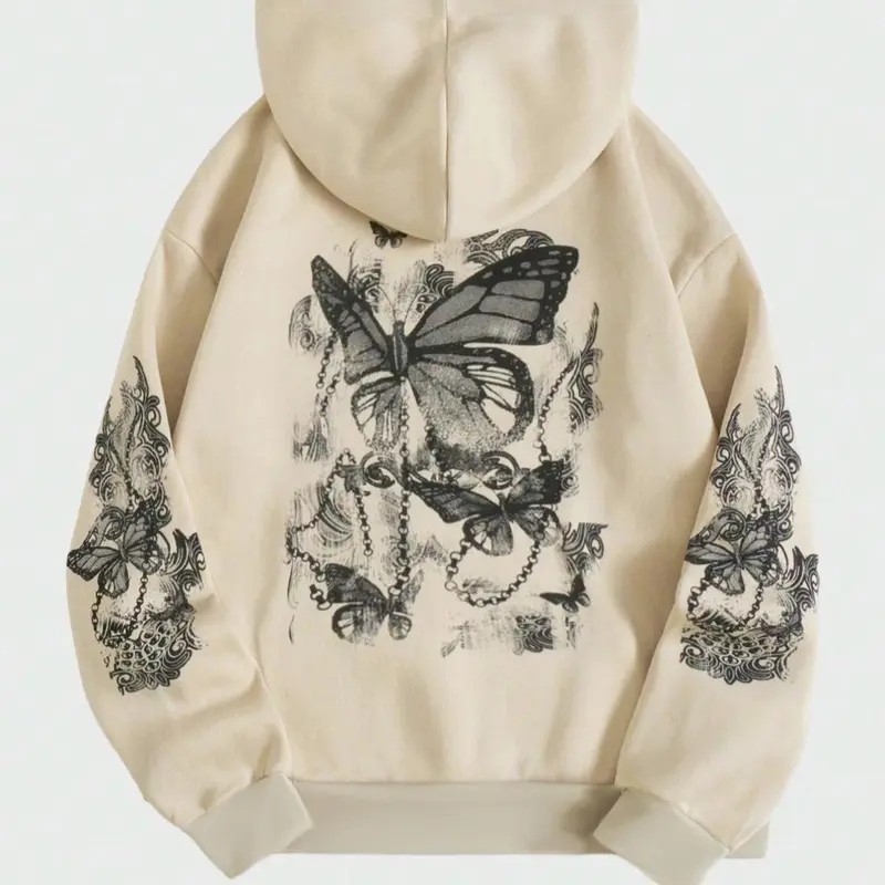 Men's Butterfly & Chain Print Drop Shoulder Long Sleeve Printed Hoodie, Fashion Casual Regular Fit Drawstring Pocket Hooded Sweatshirt for Daily Holiday Outdoor Wear, Comfort Men Clothes for Fall