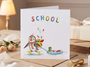 First Day of School Card Cute Penguin, Congratulations Card for Kids, Whimsical Back to School Greeting Card with Envelope