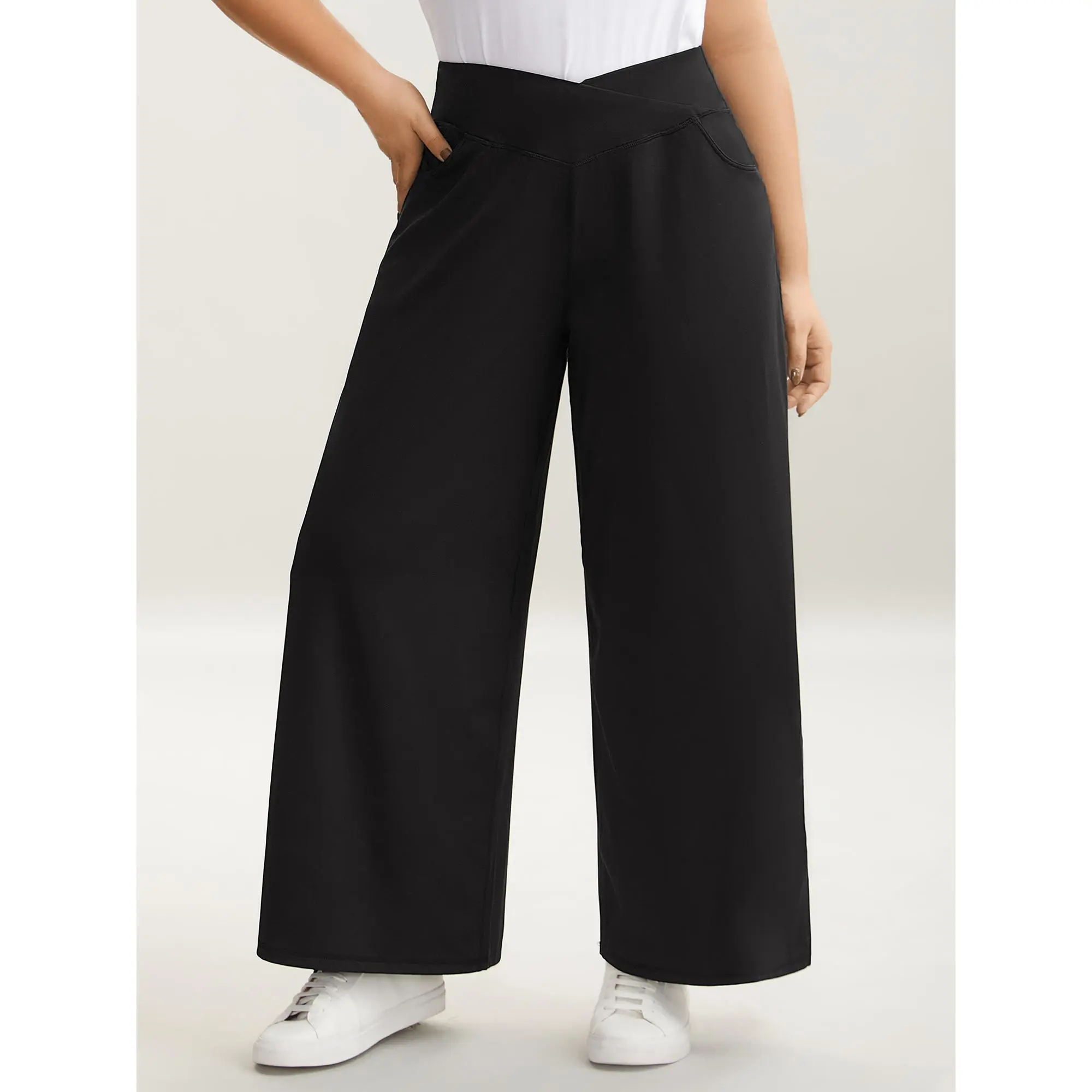 Women's Minimalist Basic Wide-Leg Lady Garment Pants, Plus Size Summer Crossover Turn-Up Waist, Super-Stretchy Fabric, Perfect Fit, Side Pocket, M-6X Sizes, 2026 Summer Mother’s Day Pick   Bottom Womenswear summerwins Fit Spandex,Summerfinds