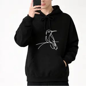 Bird Line Art Hoodie – Black-throated Hummingbird Design, Unisex Casual Loose-Fit Long Sleeve