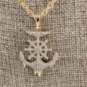 Gold Plated Unisex Rope Chain Necklace with Anchor Pendant
