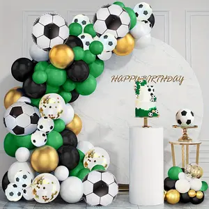 A set of 139 football-themed balloons for party arches, including 10-inch black, green and white balloons, as well as 12-inch balloons printed with football designs, is perfect for birthday celebrations
