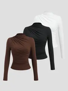 FISOEW Womens Long Sleeve T Shirts Casual Mock Neck Ruched Slim Fit Y2K Blouse Tops hot  pink  jacket Outfits Style