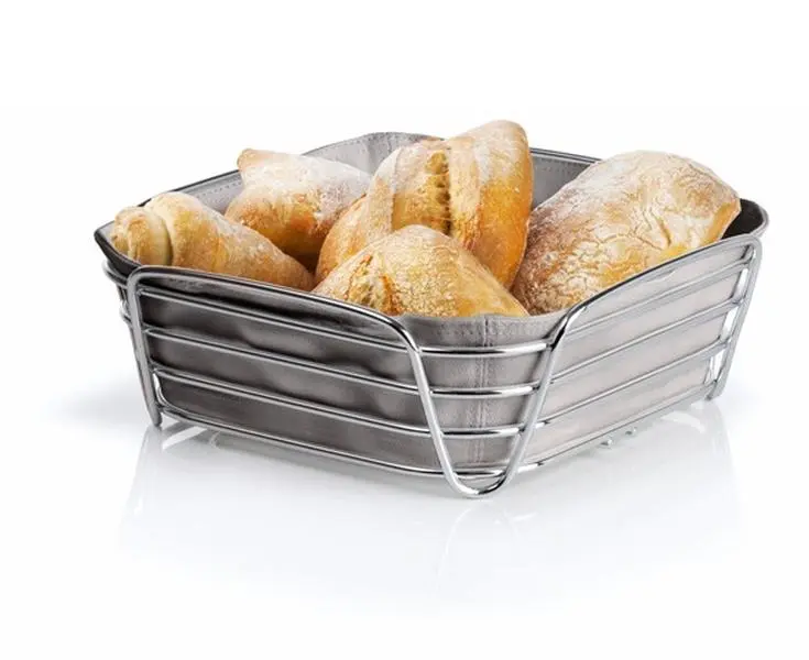 Chrome Plated Large Rectangular Wire Bakeware Bread Basket with Open Sides and Taupe Insert, Kitchen Baking Utensils