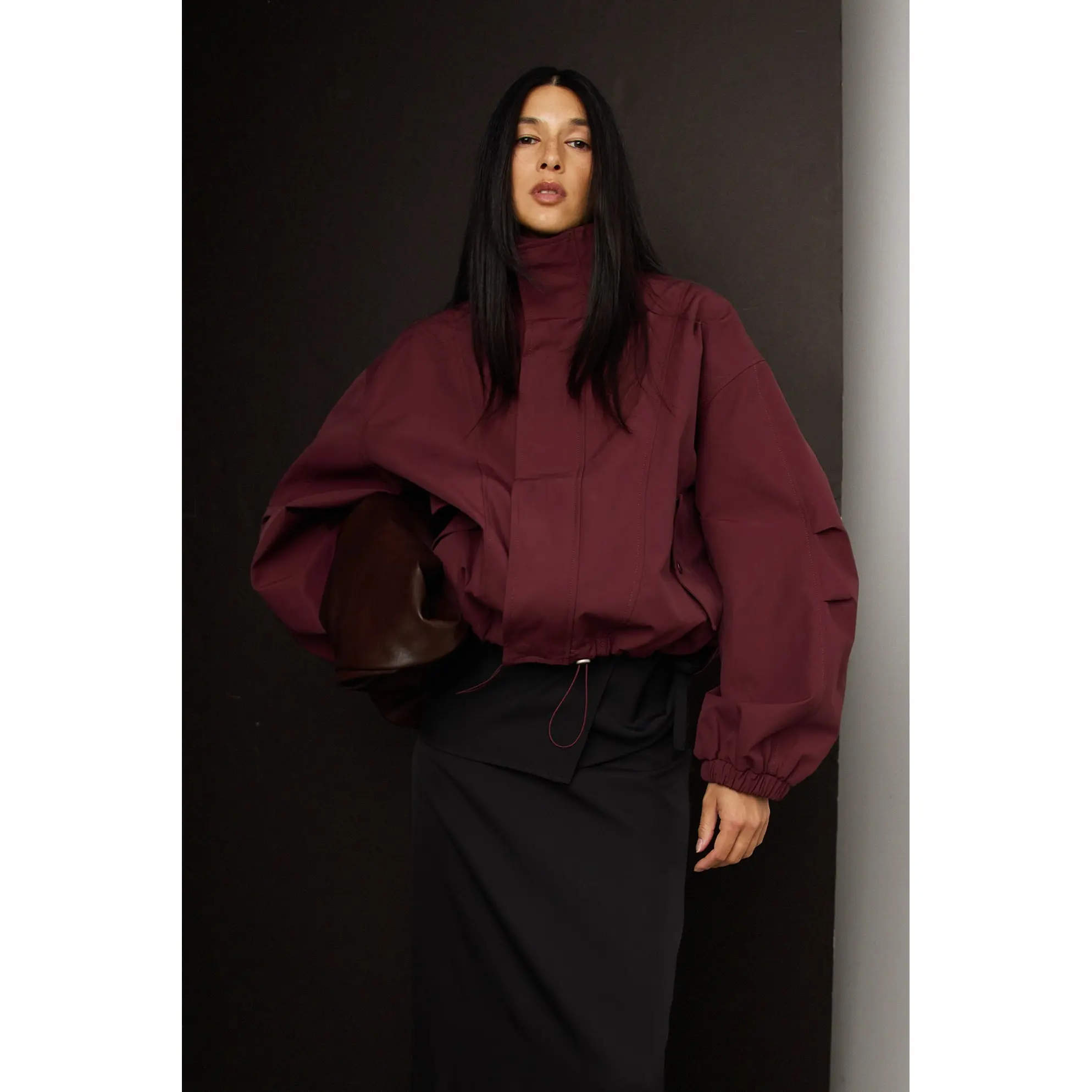 HIGH FUNNEL NECK CROPPED DRAWSTRING JACKET