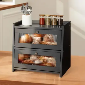 Wooden Bread Box for Countertop, Large Bread Container for Homemade Bread, Farmhouse Breadbox Organizer for Cabinet,Pantry,Cupboard,Black