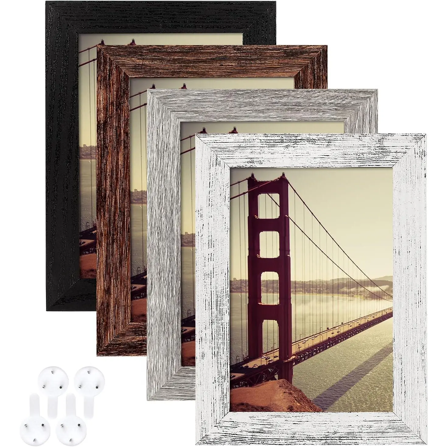 Distressed Farmhouse Wood Pattern Decorative 4-Pack 4x6 Rustic Wooden Photo Frame Set, Home Decor for Wall Display, Holds 3.5x5 with Mat or 4x6 Without Mat, Multicolor