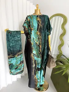 Emerald Marble Print Kaftan Maxi Dress & Scarf Set – Elegant Loose Fit Long Robe with Gold Vein Accents, Boho Beach Cover Up & Lounge Wear for Women, Soft Flowy Fabric Summer Vacation Outfit