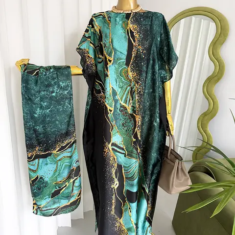 Women's Emerald Marble Print Kaftan Maxi Dress & Scarf Set - Beach Kaftans, Robe for Women, Flutter Sleeve Casual Dresses with Gold Vein Accents, Soft Flowy Drape Fabric, Loose-Fit Summer Vacation Cover Up