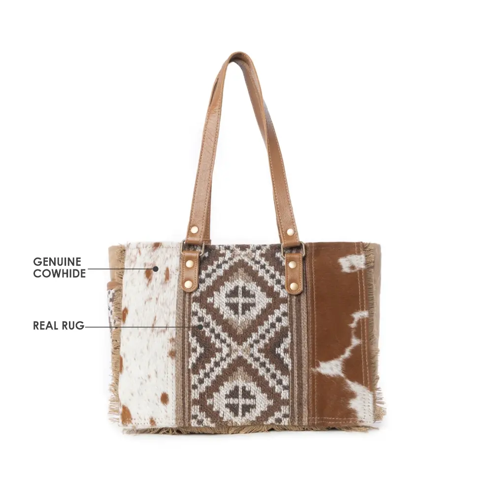 Myra Elisa Le Hairon Leather Tote Bag â€“ Fringe Accents, Handwoven Tribal Design for Everyday Use