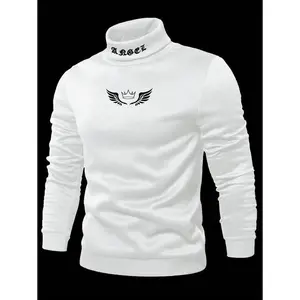 Men's Casual Wing Print Turtleneck Long Sleeve Sweatshirt For Autumn, Mock Neck Men Fabric Menswear Hem Hoodie Stretch Tops Pullover Motocross Wetsuit White
