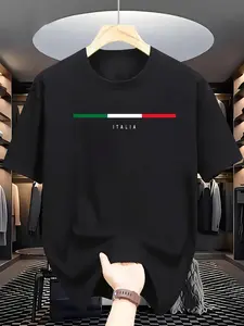 Men's Italy Flag Print Round Neck Tee, Regular Fit Casual Streetwear Short Sleeve T-shirt, Men's Summer Top for Daily Wear, Tropical