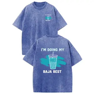 Holafish Women's Round Neck Short-Sleeve Cotton Streetwear T-Shirt - Washed Vintage Baja Blast Graphic, "I’m Doing My Baja Best" Print Casual Fabric Top