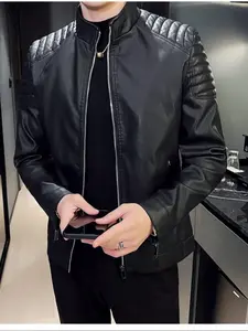 Men's Solid Zip Up Faux Leather Jacket, Slim Casual Comfy Long Sleeve Outerwear for Daily Wear, Men's Clothing for All Seasons Coats