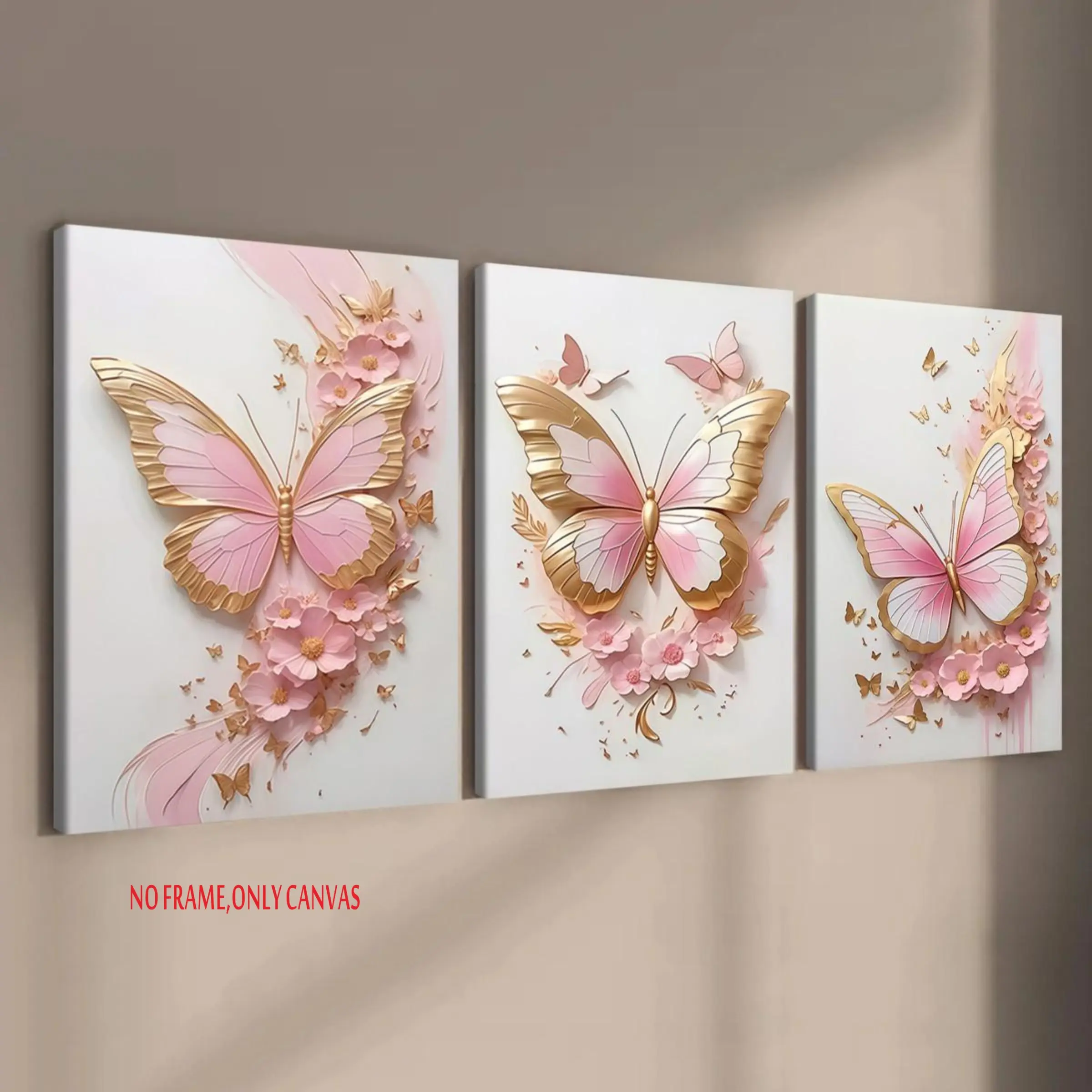 Pink and Gold Butterfly Motif Floral Tri-Piece Decorative Poster Set Perfect for Living Room and Bedroom Decor Stylish Home Poster Artistic Modern Wall Art 2D Flat Frameless Print Butterfly Pattern Design