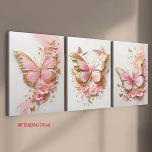Pink and Gold Butterfly Motif Floral Tri-Piece Decorative Poster Set Perfect for Living Room and Bedroom Decor Stylish Home Poster Artistic Modern Wall Art 2D Flat Frameless