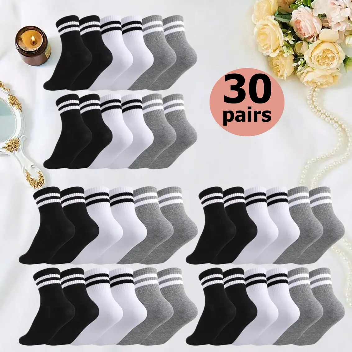 H 6-42 Pairs of Pure Cotton Mid-Calf Socks for Men and Women, Comfortable and Breathable