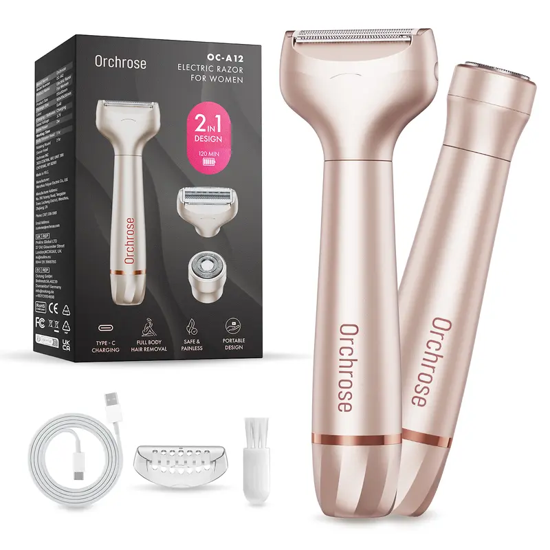 Portable Rechargeable Hair Removal Kit for Women - 2 in 1 Electric Razor for Face, Body, Leg, Bikini, Underarm & Arm - Brush Shaver Trimmer