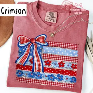Faux Patchwork Floral America Flag Unisex Comfort Colors Shirt, Patriotic Bow 4th of July Shirt, Coquette USA Floral Tee