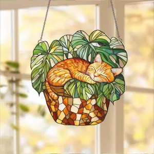 Orange Cat Monstera Suncatcher: Fade Resistant Acrylic Window Hanging