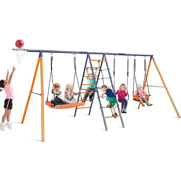 Summervibes】6-in-1 Heavy-Duty Metal Backyard Swing Set (700 lbs