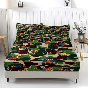 A Bathing Ape Style Floral Camo Fitted Sheet Set (3 Piece, Includes 1 Fitted Sheet + 2 Pillowcases), Green Camo Flower Bed Set for Hypebeast Teens & Adults, Bedroom Decor
