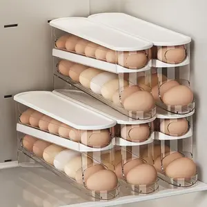 Food Grade Rolling Egg Rack for Refrigerator, Kitchen Fridge Organizer with Cover, Side Door Storage Box, Egg Holder for Freshness, Stackable Fridge Organizer
