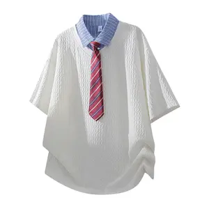 Men’s casual faux two-piece stand-collar short-sleeve T-shirt, loose fit, new for summer, trendy and versatile; unisex short-sleeve T-shirt