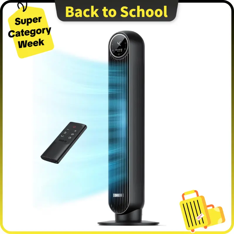 DREO Tower Fan for Bedroom, 2026 Upgraded DC Motor, 28ft/s High Velocity, 20dB Ultra Quiet Standing Fan, 8 Speeds & 4 Modes, 90° Oscillating Bladeless Floor Fan for Indoor Use, with Remote Control, Black
