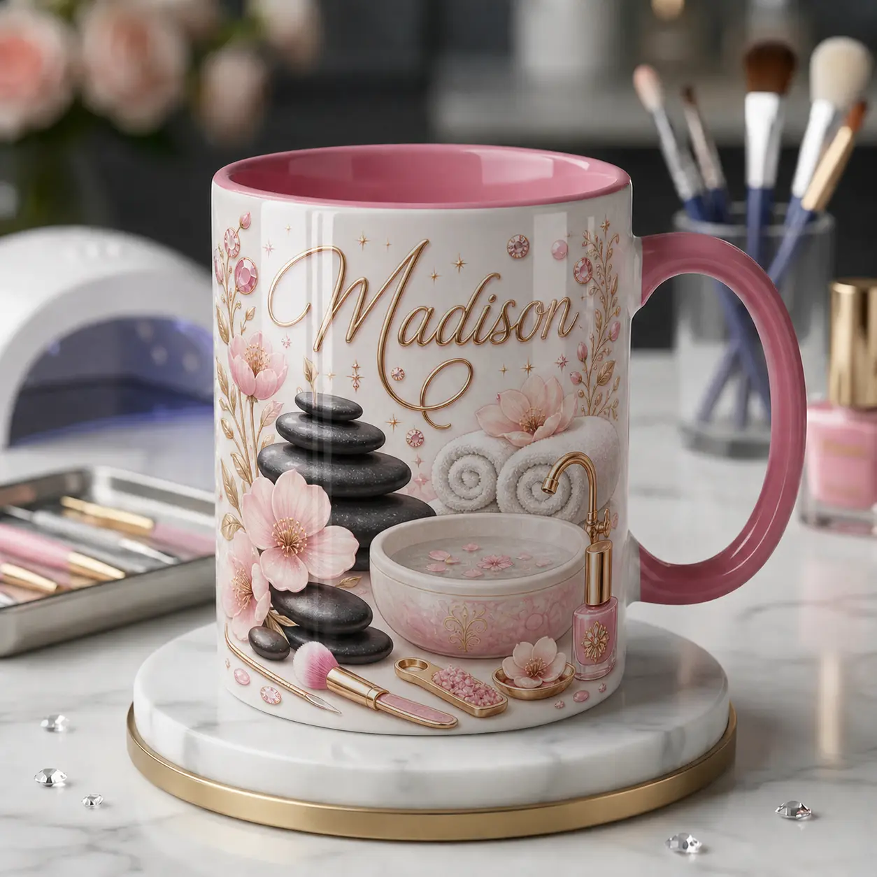 Personalized Spa Mug, Custom Pink Handle Ceramic Cup, 2D Printed 3D Effect Floral Self Care Spa Design, For Spa Lovers Women Estheticians, Birthday Christmas Mother's Day Gift, Relaxation Wellness Keepsake