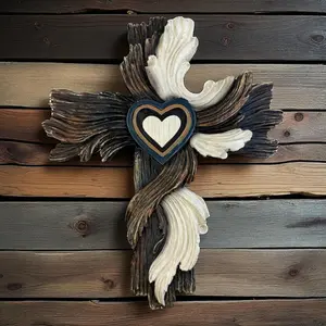 1-Piece Rustic Wooden Heart Cross Wall Hanging - This religious artwork features a wood grain and hammered metal finish, symbolizing love and faith in a farmhouse-style Christian home décor (acrylic material).