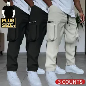 [Plus Size] Men's Cargo Pants 3-Pack – Beige & Black Multi-Pocket Tactical Trousers with Zippered Pockets, Loose Fit Work Pants for Big & Tall Men (2XL-6XL)