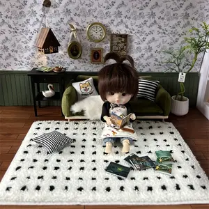 Enchanting Miniature White Dollhouse Rug with Black Butterflies Plush 15x22cm for OB11 BJD and Party Decor, Perfect Gift