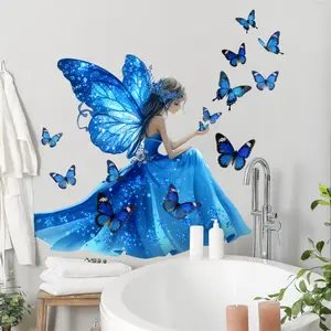 Blue Butterfly Girl Backdrop Wall Art Decorative Stickers Set of 2 (30x90cm), Self-Adhesive Home Decor for Living Room Hallway Corridor