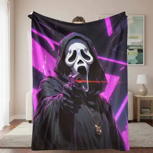 Hooded Masked Figure Flannel Blanket Futuristic Neon Print Soft Warm Cozy Lightweight for Bedroom Living Room Sofa Lounge Gift