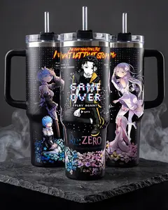 Re:Zero Subaru Rem Emilia Starting Life in Another World 40 oz Vacuum Insulated Tumbler with Handle Straw Game Over Play Again Graphic Keeps Drinks 18/8 Stainless Steel Travel Mug Anime Japanese Anime Merch Gift Bottled