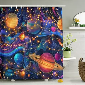 Colorful Planet Space Themed Waterproof Shower Curtain, Thick Mildew Resistant Polyester Bath Curtain with Hooks, Cosmic Starry Sky Pattern Bathroom Partition Curtain, Decorative Curtain for Home Hotel