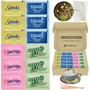 TRIONI Sweetener Assortment Pack - Stevia, Aspartame, Saccharin, and Sucralose with Stirrers and Coaster