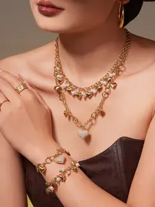 Fashion Sweet Heart Pendant Bracelet Necklace Set, Stainless Steel Plated Jewelry, Durable & Stylish Accessory, Fashionable Jewelry Set