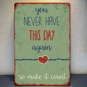 Vintage Metal Wall Art Featuring You Never Have This Day Again Quote in 2D Flat 8x12 Inch Rustic Green Distressed Finish with Red Border and Heart Accent Perfect for Farmhouse Shabby Chic and Industrial Home Decor