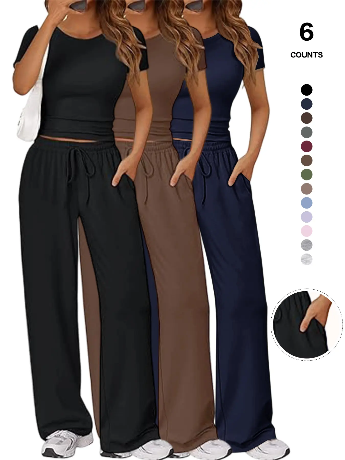 Women's Spring Summer Casual Set, Round Neck Short Sleeve Top & Wide Leg Pants, Slim Fit Home Wear, 2 Piece Comfortable Women's Spring Summer Casual Set, Round Neck Short Sleeve Top & Wide Leg Pants, Slim Fit Home Wear, 2 Piece Comfortable