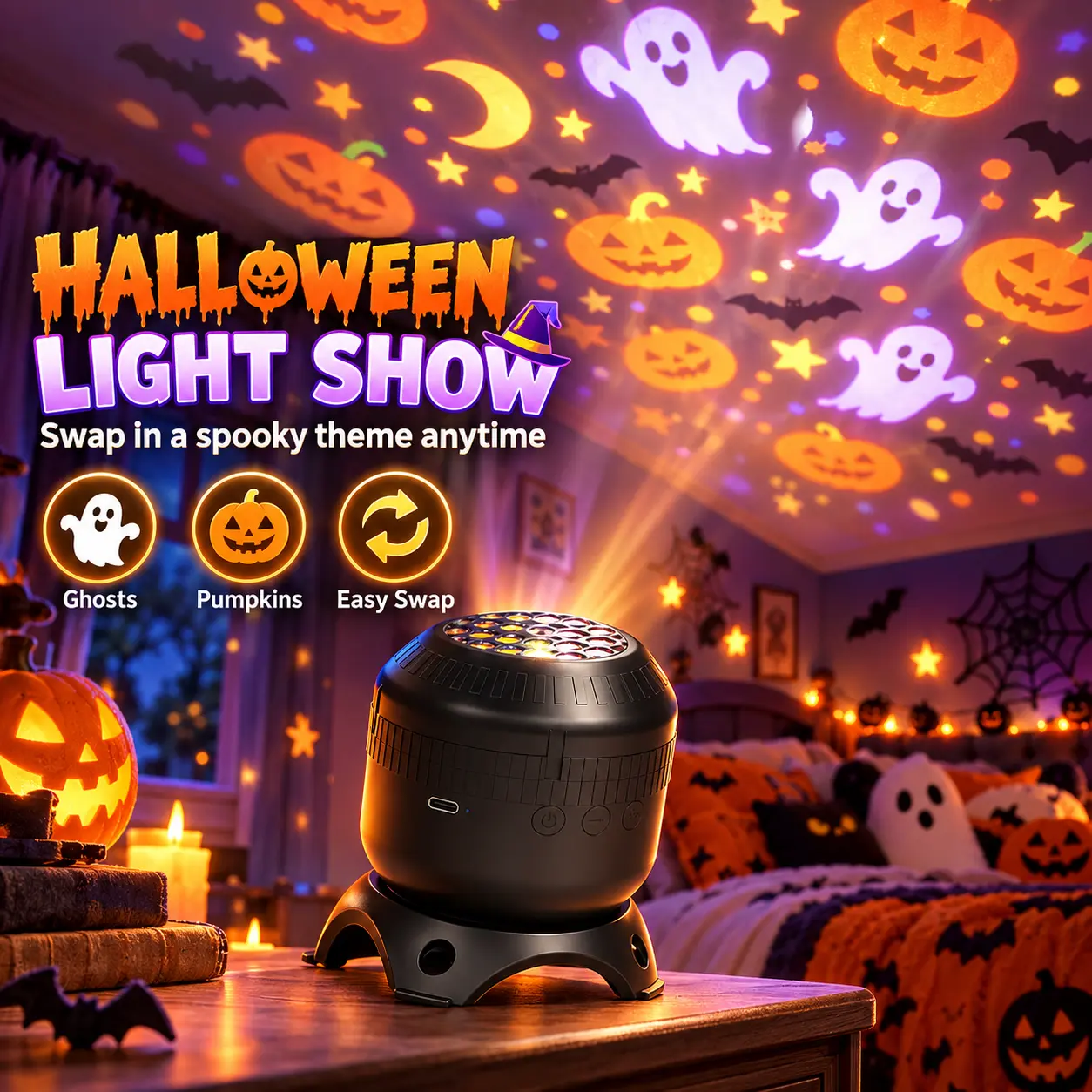 Kids Halloween & Christmas Room Projector, 8 Replaceable Projection Themes, Rechargeable Night Light for Bedroom Birthday Holiday Decor