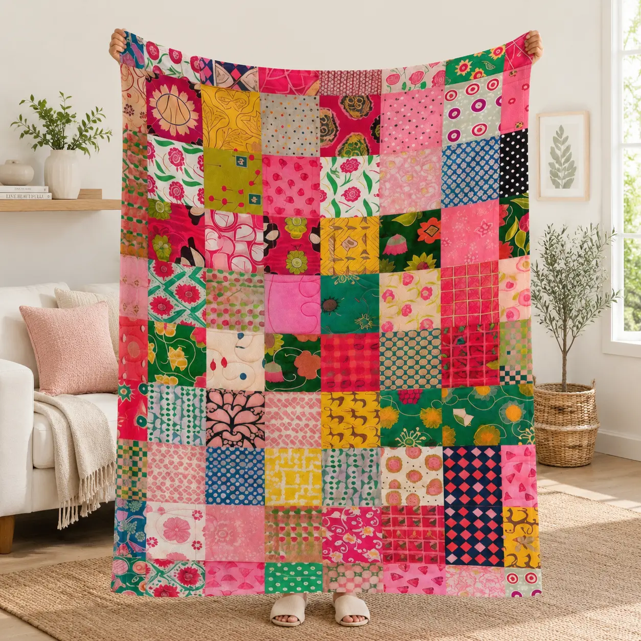 Colorful Patchwork Throw Blanket, Boho Floral Pattern Fleece Blanket, Cozy Soft Blanket for Sofa Bedroom Decor, Vintage Inspired Home Accent Gift