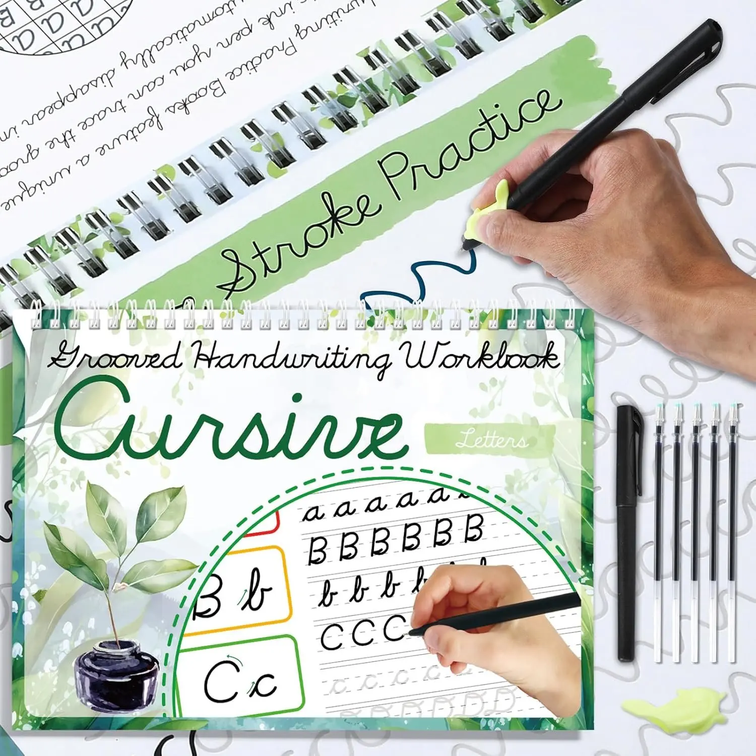Grooved Cursive Handwriting Workbook with Magic Disappearing Ink Pens, Colorful Pages, Jokes, Poems, Inspirational Quotes - School & Educational Supply, Homeschool Supplement for Beginners to Enhance Fine Skills & Alphabet Learning Enthusiasm