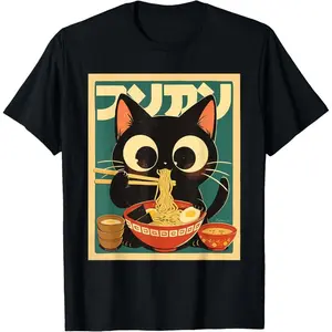 Anime Cat Ramen Japanese Funny Japanese Kawaii Cat Graphic T-Shirt short sleeve shirt Casual Short-Sleeve Men's T-Shirts men's graphics shirts men fashion round neck classic rock moon  rocks macco