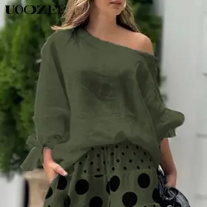 UOOZEE Women's Long - Sleeves Loose Asymmetrical Solid Color Lace - up Shirts, Casual Lazy Versatile Fashionable One - shoulder Tops & Shirts Loose One-Shoulder Long Sleeve T-Shirts