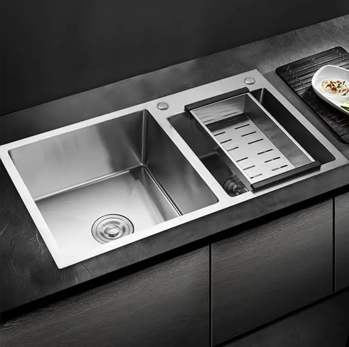 CNCEST Modern Stainless Steel Dual-Bowl Kitchen Sink, 16/14.7" Bowl Sizes, Soundproof & Anti-Condensation, Under/Overmount Installation, Includes Drain Basket, Dual-Bowl Capacity